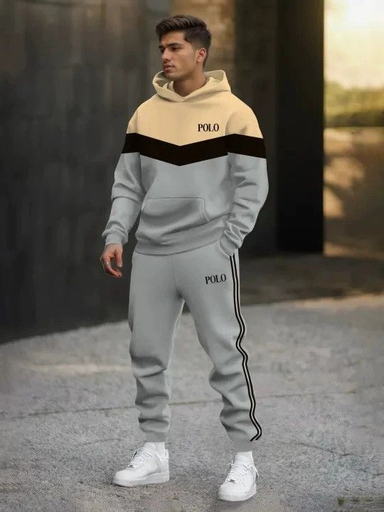 2 pcs/1 set,European and American men's clothing, new men's casual multi panel striped hooded sweatshirt set, fashionable sports suit for men