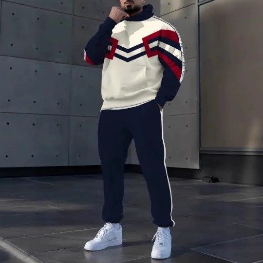 2 pcs/1 set,European and American men's clothing, new men's casual multi panel striped hooded sweatshirt set, fashionable sports suit for men