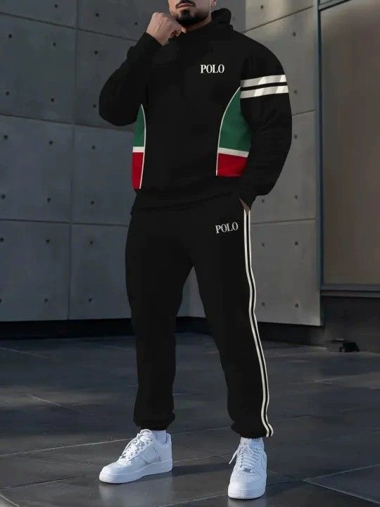 2 pcs/1 set,European and American men's clothing, new men's casual multi panel striped hooded sweatshirt set, fashionable sports suit for men