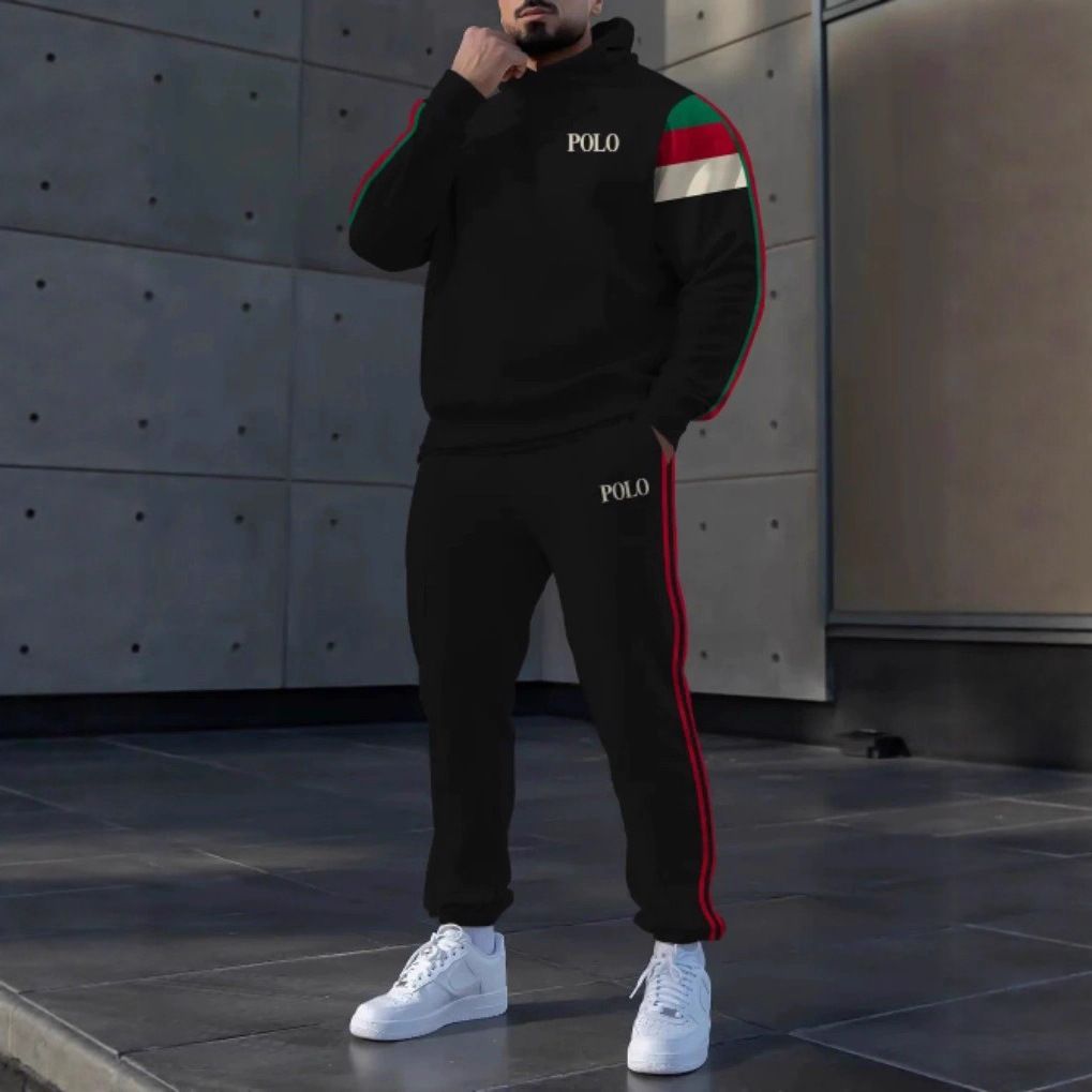 2 pcs/1 set,European and American men's clothing, new men's casual multi panel striped hooded sweatshirt set, fashionable sports suit for men
