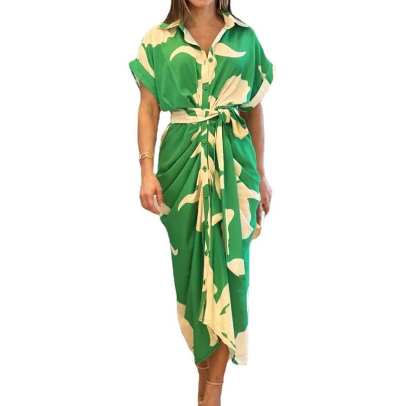 Amazon, INS European and American women's clothing, printed collar short sleeved high waisted long shirt dress