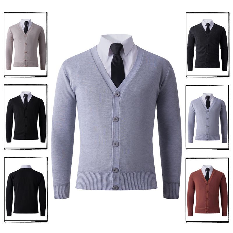 New men's fashionable V-neck knitted cardigan top, casual thickened warm bottom shirt for men