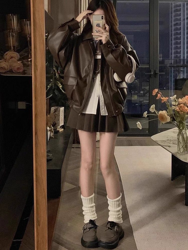 Melad Brown Motorcycle Leather Jacket for Women, American Retro Windproof PU Jacket, Trendy,Hot selling in Africa, hot selling items are popular