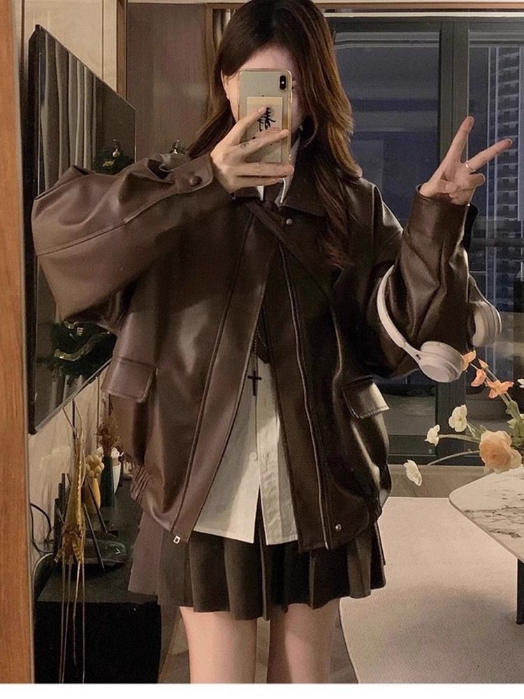 Melad Brown Motorcycle Leather Jacket for Women, American Retro Windproof PU Jacket, Trendy,Hot selling in Africa, hot selling items are popular