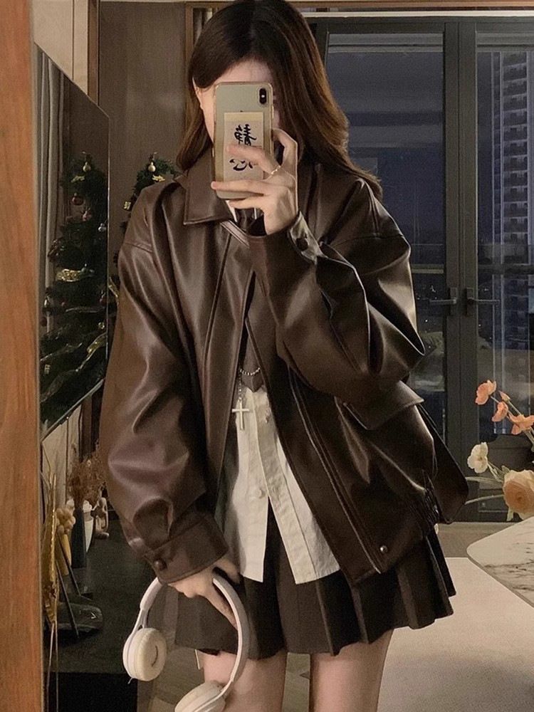 Melad Brown Motorcycle Leather Jacket for Women, American Retro Windproof PU Jacket, Trendy,Hot selling in Africa, hot selling items are popular