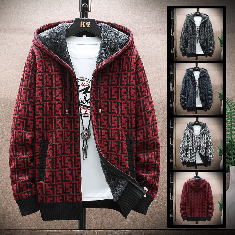 Men's plus velvet sweater cardigan plus plus plus size foreign trade letter F jacket slim fit trendy hooded jacket for men