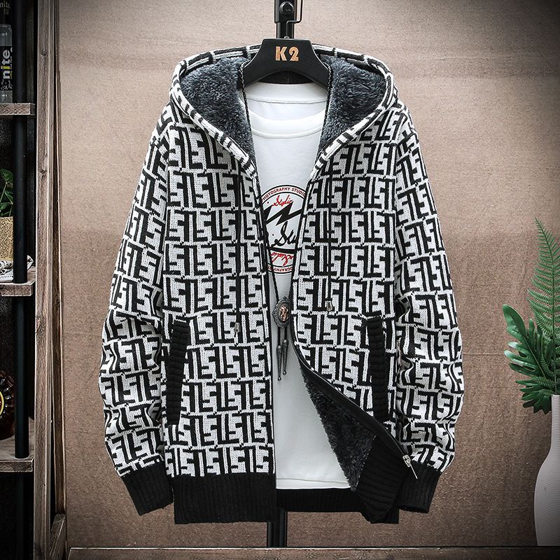 Men's plus velvet sweater cardigan plus plus plus size foreign trade letter F jacket slim fit trendy hooded jacket for men