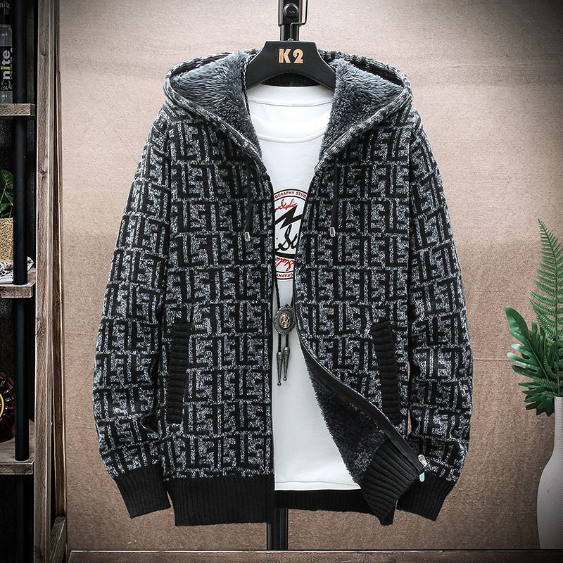 Men's plus velvet sweater cardigan plus plus plus size foreign trade letter F jacket slim fit trendy hooded jacket for men