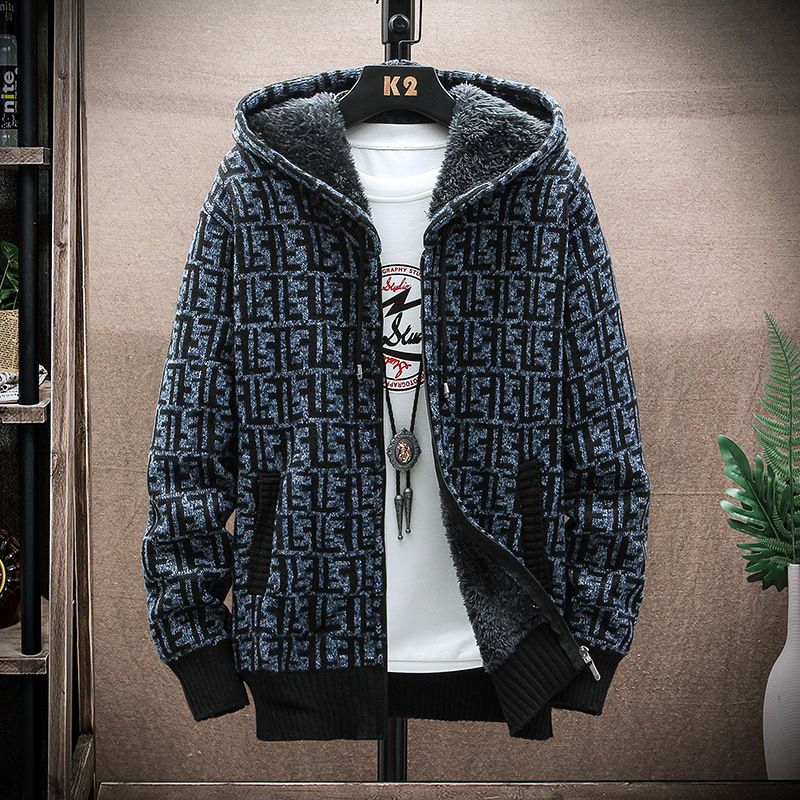 Men's plus velvet sweater cardigan plus plus plus size foreign trade letter F jacket slim fit trendy hooded jacket for men