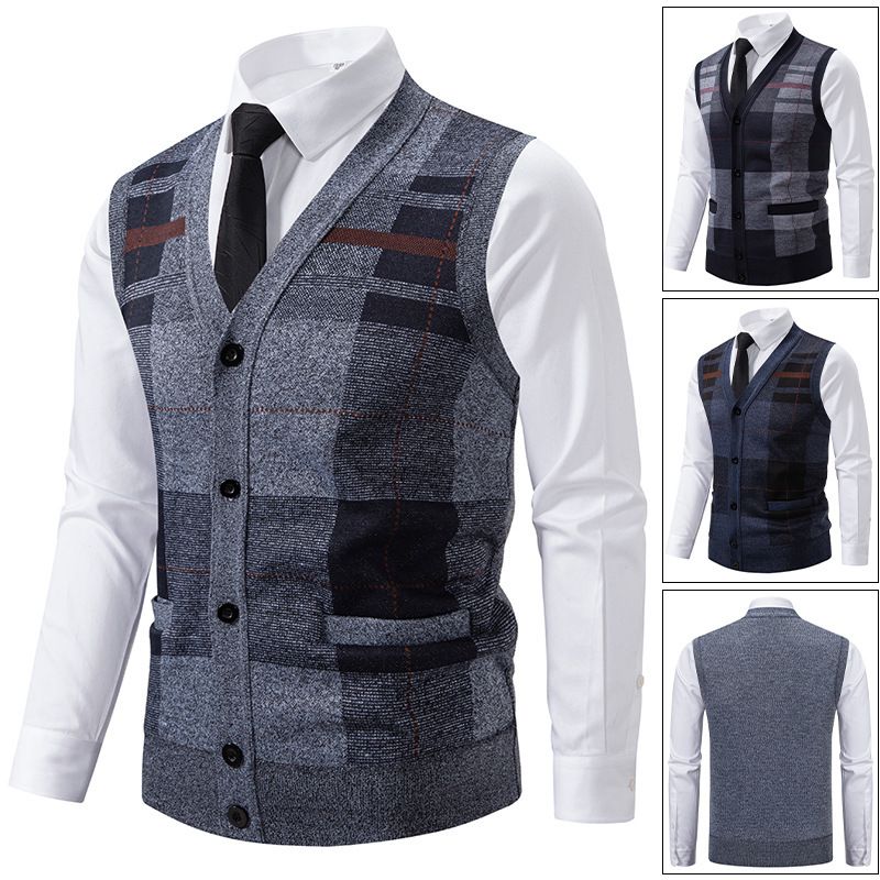 Cardigan sweater vest men's inner layer for autumn and winter, warm and slim fit knitted sweater vest jacket men's style