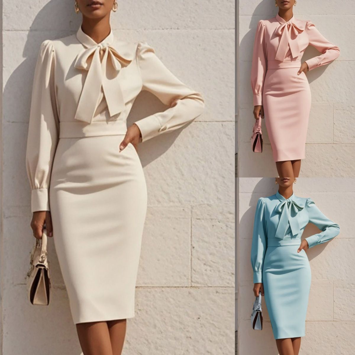 Amazon Cross-border Trade New Arrival Fashion Elegant Solid Color Waist-tie Bow Dress Women's Wear