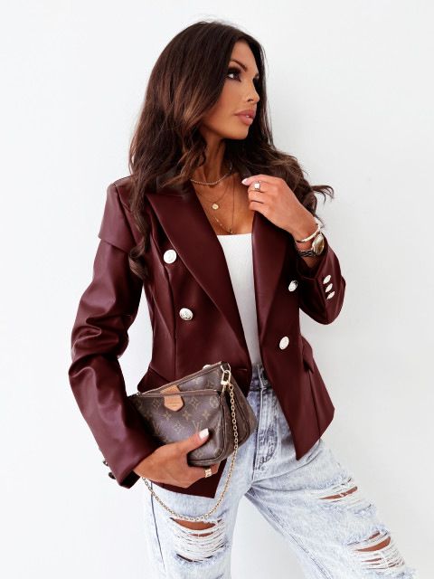 Independent website AliExpress autumn and winter new European and American style long sleeved double breasted fashionable PU leather jacket, suit jacket