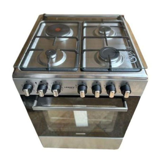 Legacy 60X60cm Standing Cooker 3Gas + 1Electric Hotplate with Fan Assisted Electric Oven, Food Warmer Compartment Glass Top Cover Cast Iron Pan Support Automatic Ignition Lamp FREE Regulator + Deliver