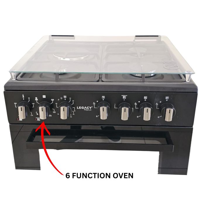 Legacy 60X60cm Standing Cooker 3Gas + 1Electric Hotplate with Fan Assisted Electric Oven, Food Warmer Compartment Glass Top Cover Cast Iron Pan Support Automatic Ignition Lamp FREE Regulator + Deliver
