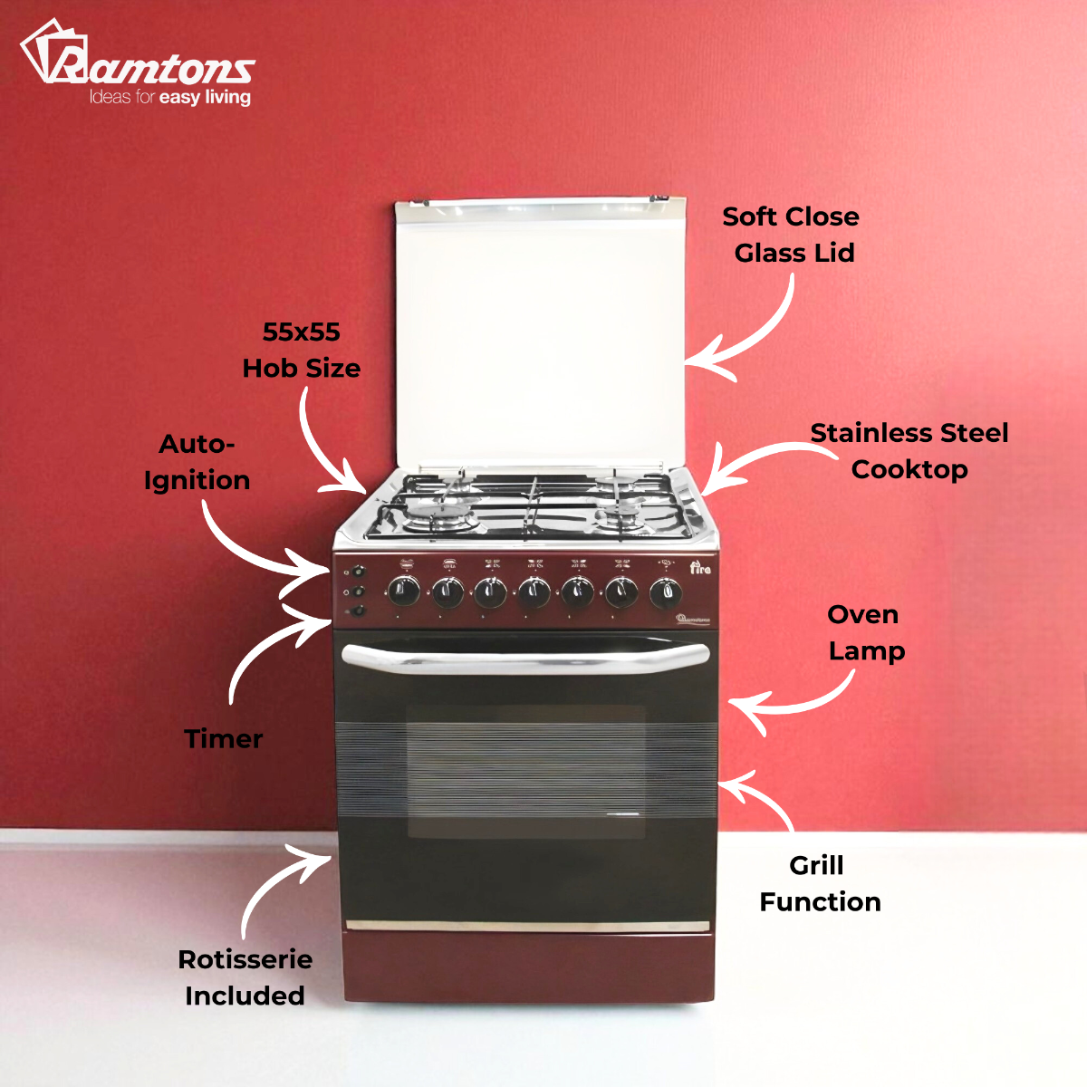 RAMTONS 4 GAS 55X55CM  DARK RED COOKER GAS OVEN ,1 YEAR WARRANTY