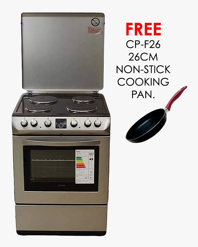4 Electric, 2 Rapid Plates, 60X60 Full Convection Oven+Grill, Auto ignition, Thermostat, Lamp, Rotisserie, Digital Timer, Double glass Oven Door, 1 grid, 2 Tray, Adjustable Feet, High Aesthetics Steel