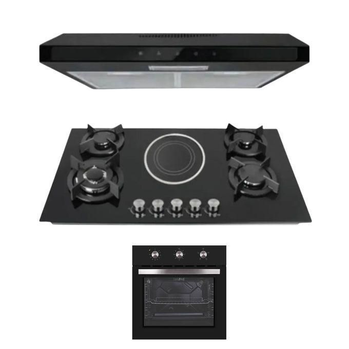 Bolesi Built In Table Top Cooker 4Gas + 1Electric In Built Cooker Burner Tampered Glass Top Cooker Automatic Ignition High Quality Black Flame Failure Device +Kitchen hood + Electric Oven -3in1 COMBO