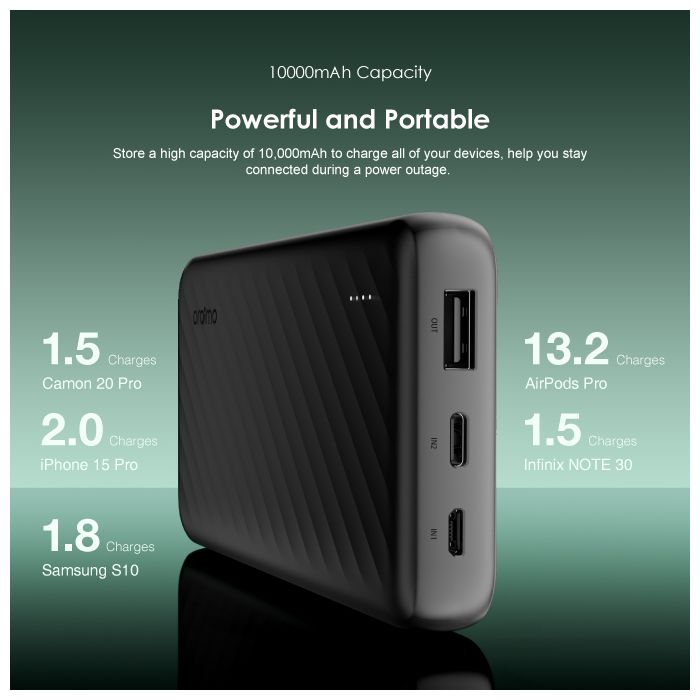 oraimo Slice Link 10000mAh 12W Fast Charge 3 in 1 Portable PowerBank with Built-in Lightning & Type-C & Micro USB Cable