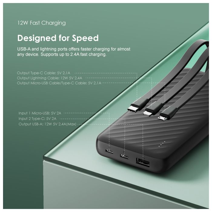 oraimo Slice Link 10000mAh 12W Fast Charge 3 in 1 Portable PowerBank with Built-in Lightning & Type-C & Micro USB Cable