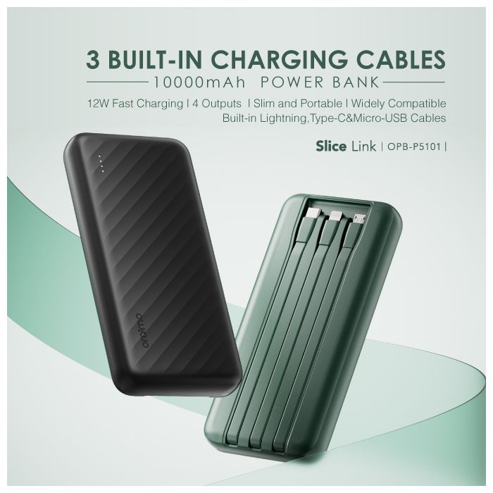 oraimo Slice Link 10000mAh 12W Fast Charge 3 in 1 Portable PowerBank with Built-in Lightning & Type-C & Micro USB Cable