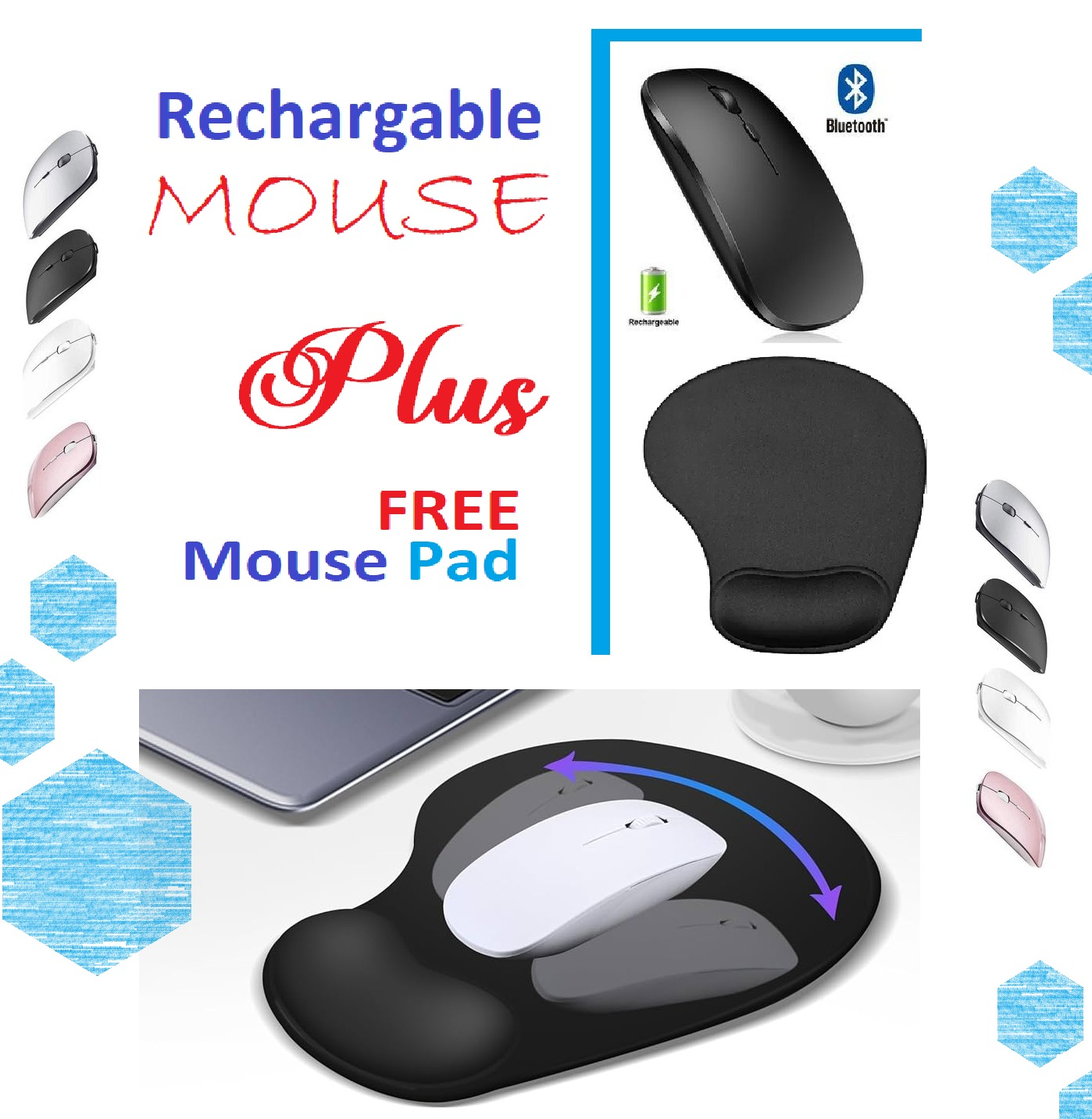 [FREE GIFT] Rechargeable Mouse PLUS Ergonomic Mouse Pad with Gel Wrist Rest Support/Non-Slip PU Base for Computer Mousepad