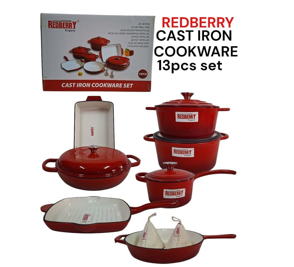 Redberry 13-Piece Premium range of Enamel Coated Cast Iron Cookware Set