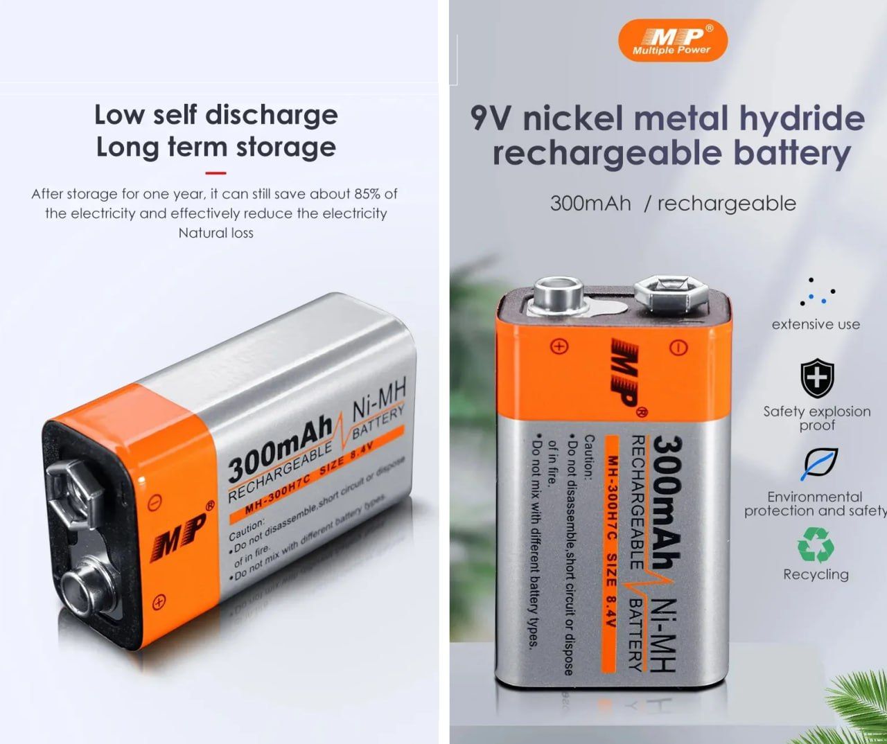 Original 9 Volts Ni-MH MP Rechargeable Batteries 300mAh Low Self-Discharge Square Battery