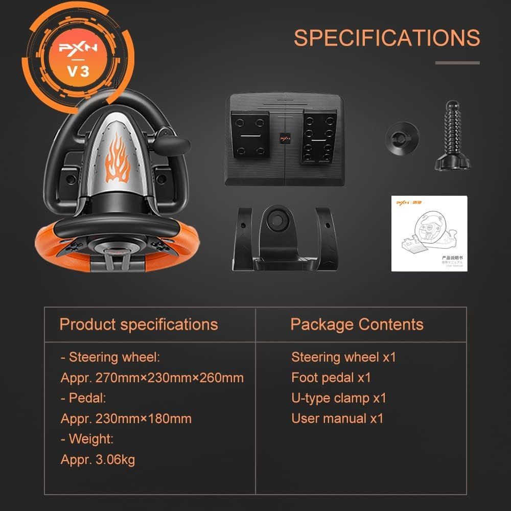 PC Racing Wheel, V3II 180 Degree Universal USB Car Sim Game Steering Wheel with Pedals for PS3, PS4, Xbox One, Xbox Series X/S, Nintendo Switch