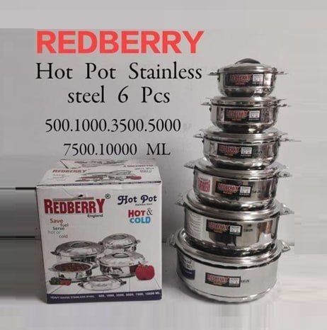 Redberry 6pcs Premier Range Of Insulated Stainless Steel Hotpots Serving Dish Hot Pot Serveware Set Casserole Hotpot (500, 1000, 3500, 5000, 7500 & 10000ML)