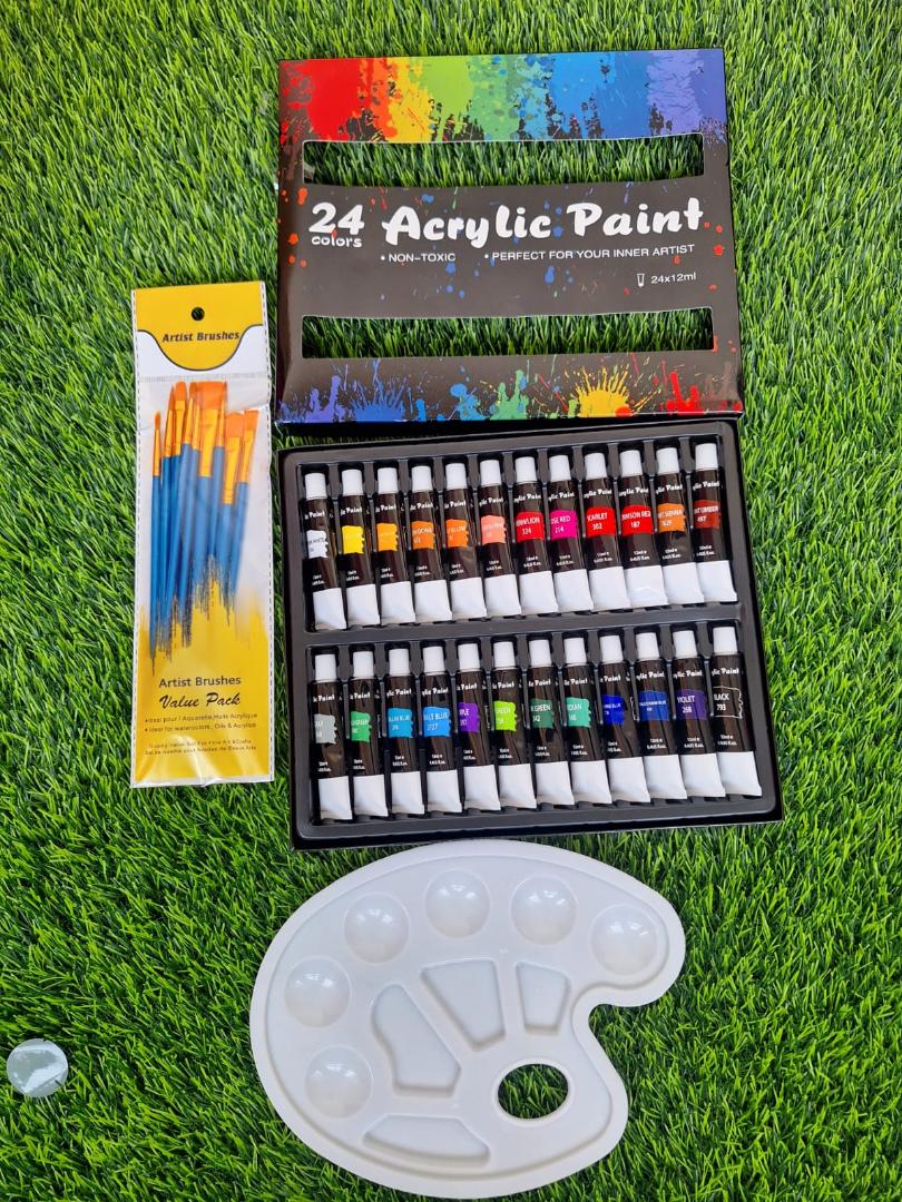 24-Piece Professional Acrylic Paint Set with Assorted Brushes