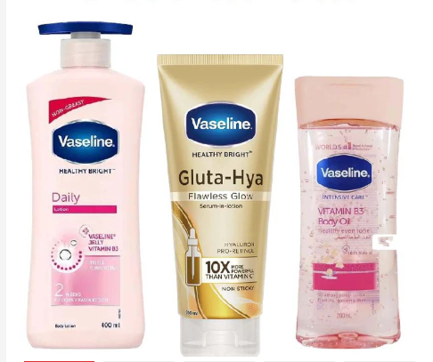Vaseline 3 In 1 Brightening Package: Intensive Care Vitamin B3 Body Oil 200ML + Daily Brightening Even Tone Lotion L+ Gluta-Hya Dewy Radiance Serum Burst Lotion
