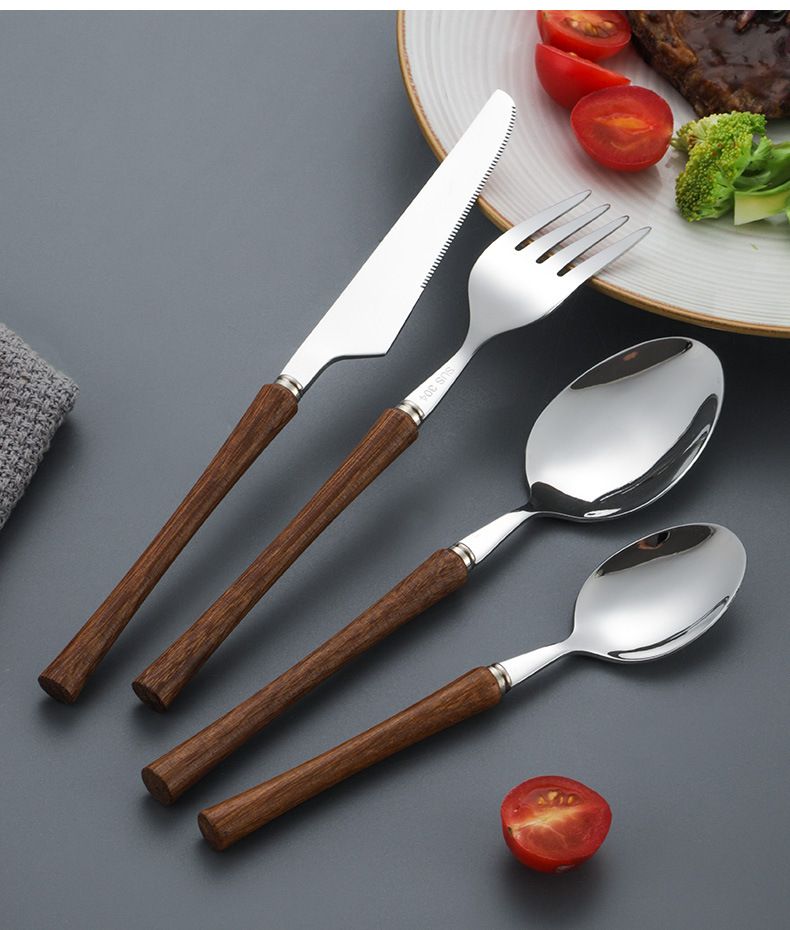 Creative chicken wings, wooden handle, stainless steel tableware, 304 stainless steel knife, fork, spoon set, wooden stainless steel portable tableware