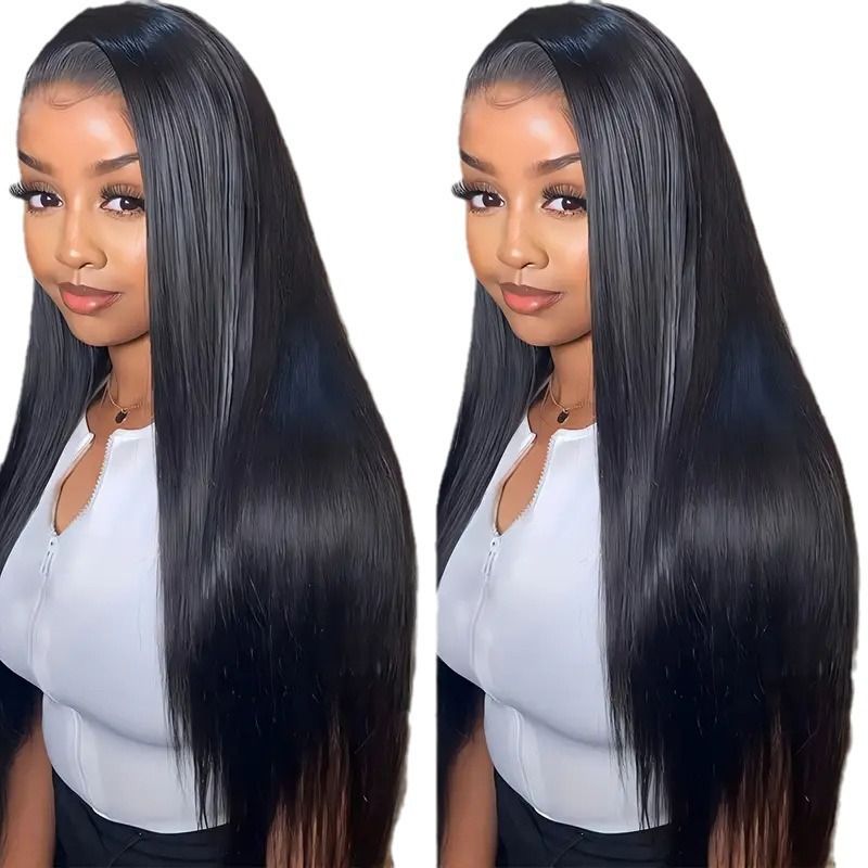 Front lace wig Amazon women's black long straight hair fluffy natural fashion synthetic full hair set