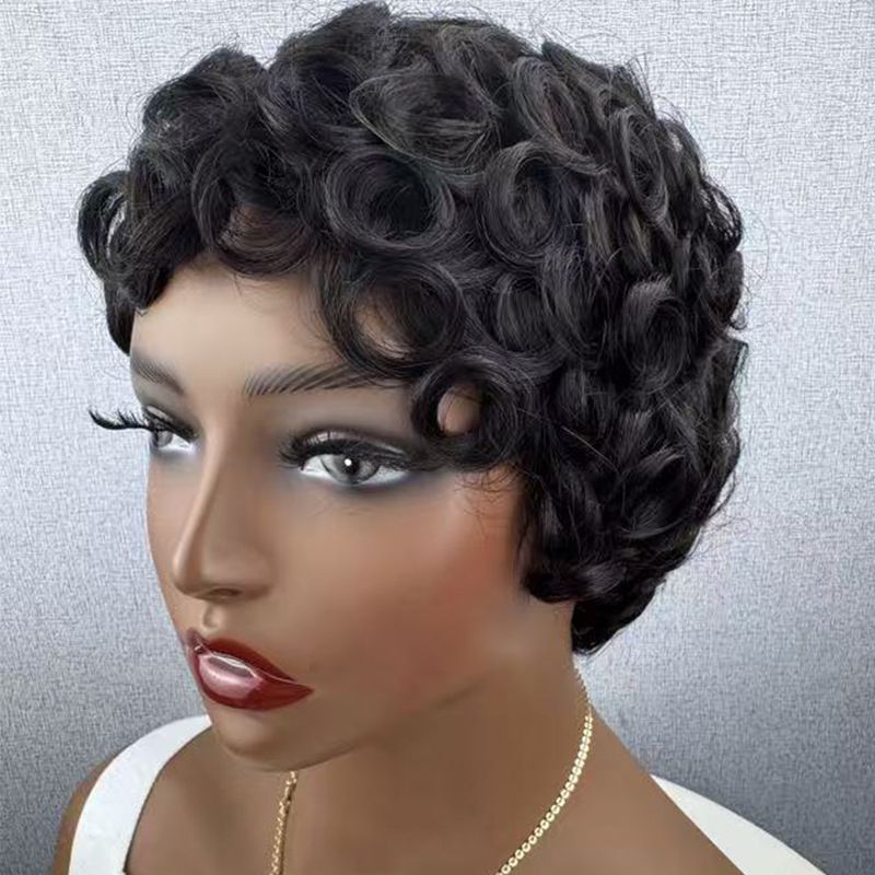 Africa human hair wig pixie cut wig short curly wig natural black  hair wig