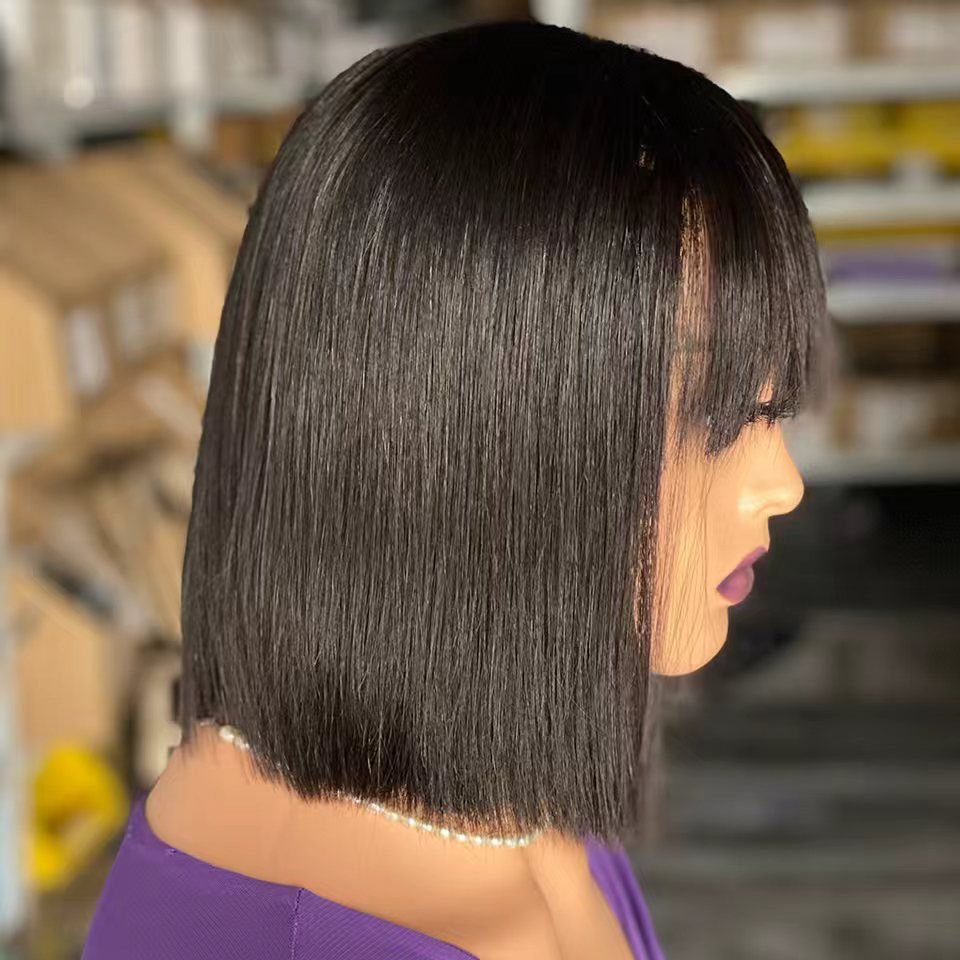 8“ short bob human hair wig natural black straight wig 1*3 lace wig