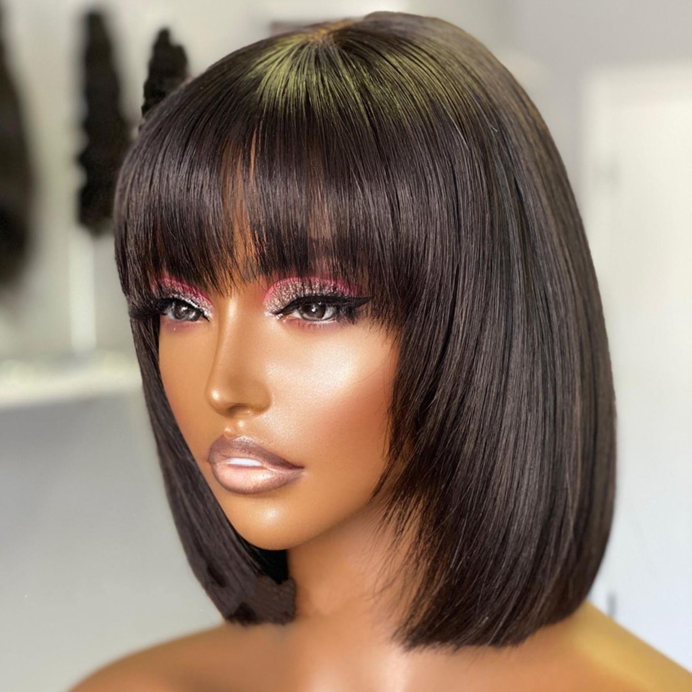 8“ short bob human hair wig natural black straight wig 1*3 lace wig