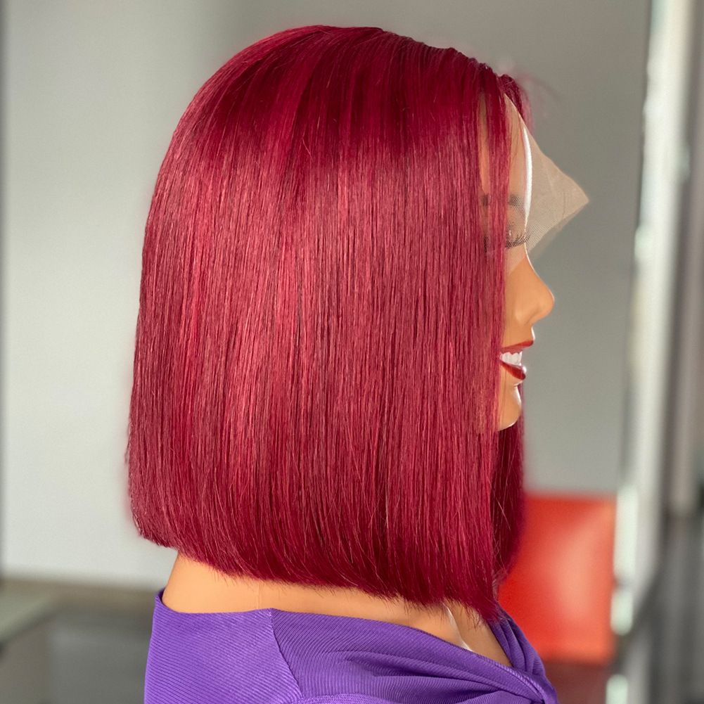 13*4 Lace Frontal Wig Burg Bob Wig Double Drawn Bone Straight Human hair wig