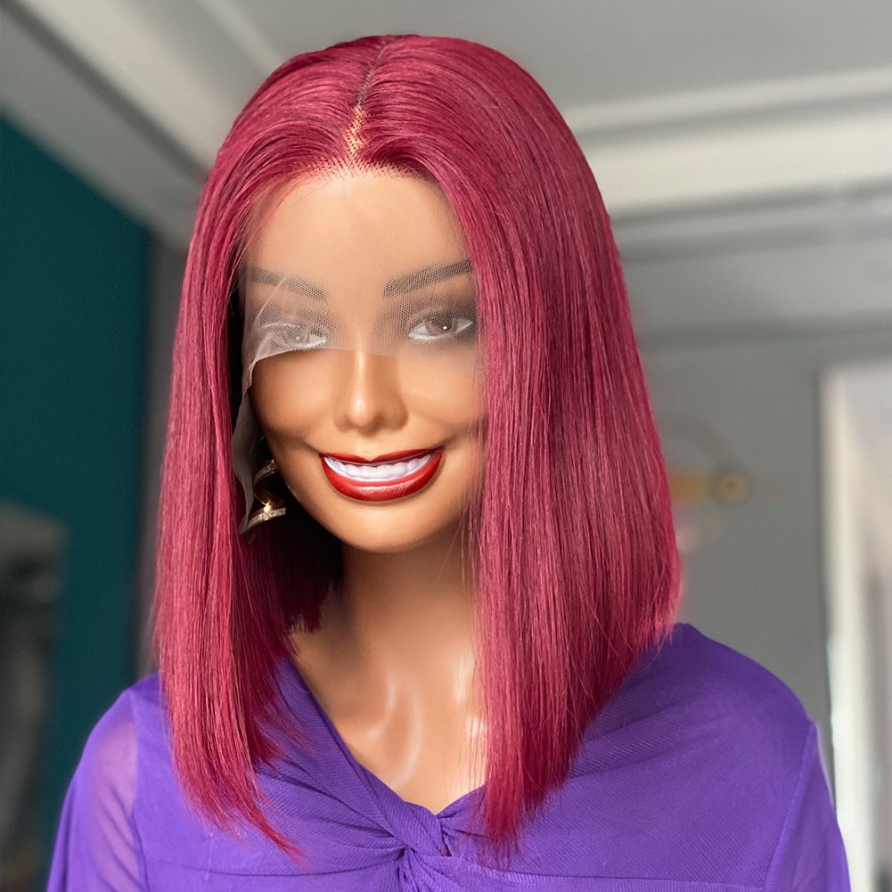 13*4 Lace Frontal Wig Burg Bob Wig Double Drawn Bone Straight Human hair wig