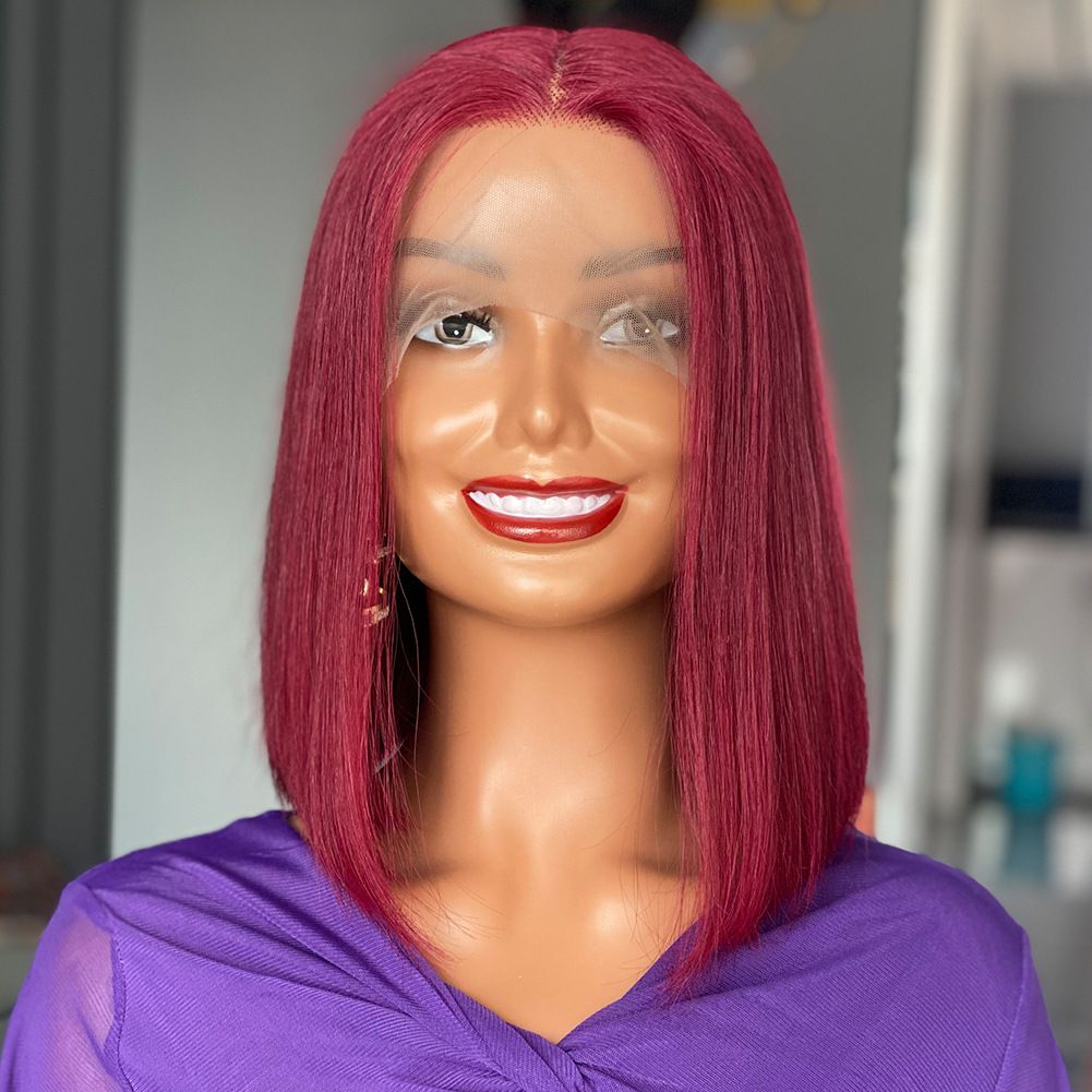 13*4 Lace Frontal Wig Burg Bob Wig Double Drawn Bone Straight Human hair wig