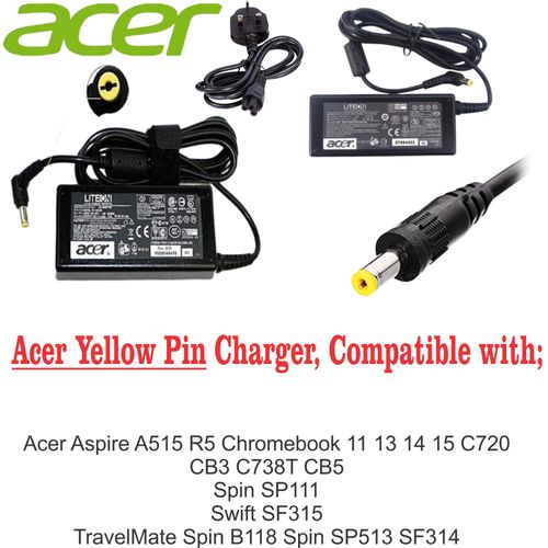 Acer Laptop Charger – 19V 3.42A 65W AC Adapter with Yellow Barrel Pin – OEM-Compatible Power Supply with Safety Features – Durable & Portable Replacement for Acer Notebooks
