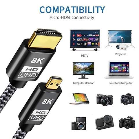Micro HDMI to HDMI 2.1 Cable – 8K@60Hz, 4K@120Hz Ultra HD High-Speed Cable – Compatible with Cameras, Tablets, Raspberry Pi, Drones, and More – Durable Braided Cord