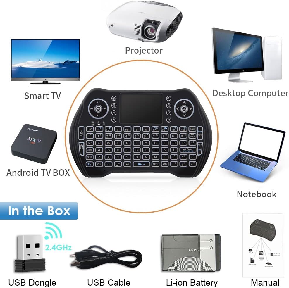 Mini Wireless Android Keyboard with Touchpad – Backlit, Rechargeable, 2.4GHz Remote Keyboard for Smart TVs, Projectors, Laptops, Android Boxes