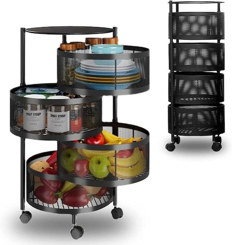4-Tier Metal Rotating Kitchen Storage Rack – Round Organizer with Wheels & Detachable Baskets – Fruits, Veggies, Groceries – Space-Saving Corner Unit