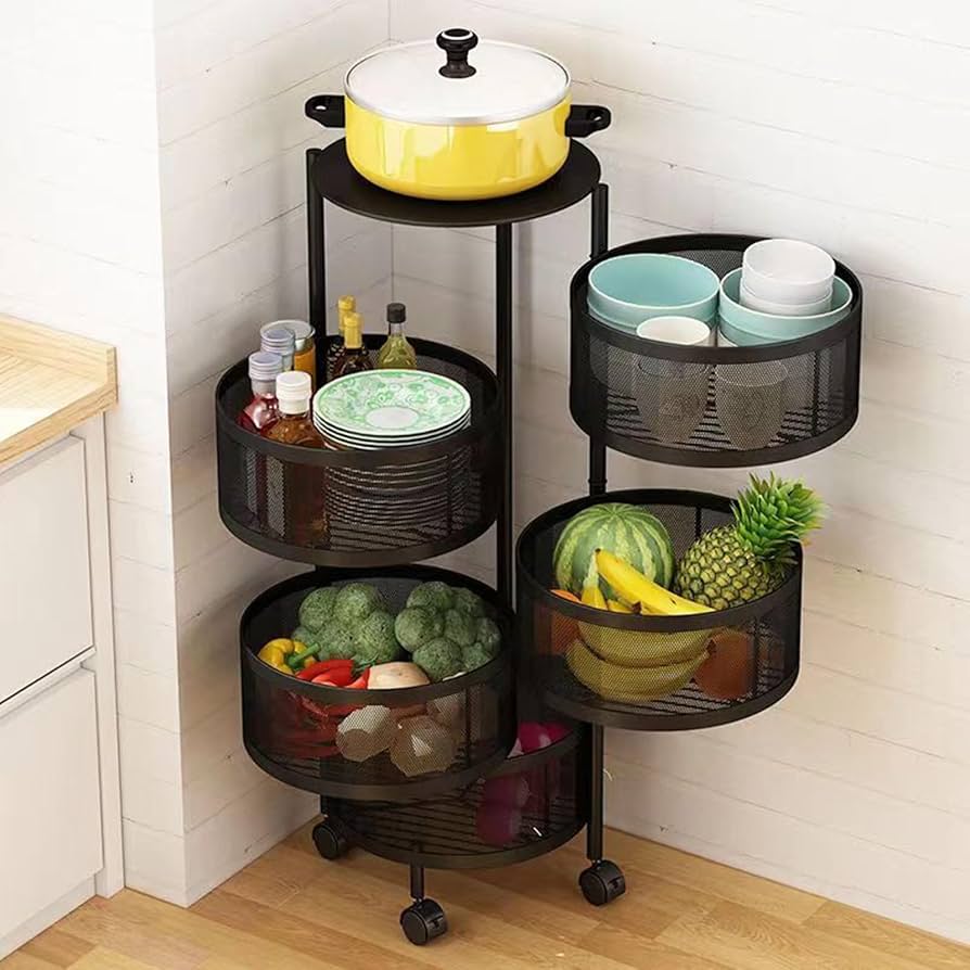 4-Tier Metal Rotating Kitchen Storage Rack – Round Organizer with Wheels & Detachable Baskets – Fruits, Veggies, Groceries – Space-Saving Corner Unit