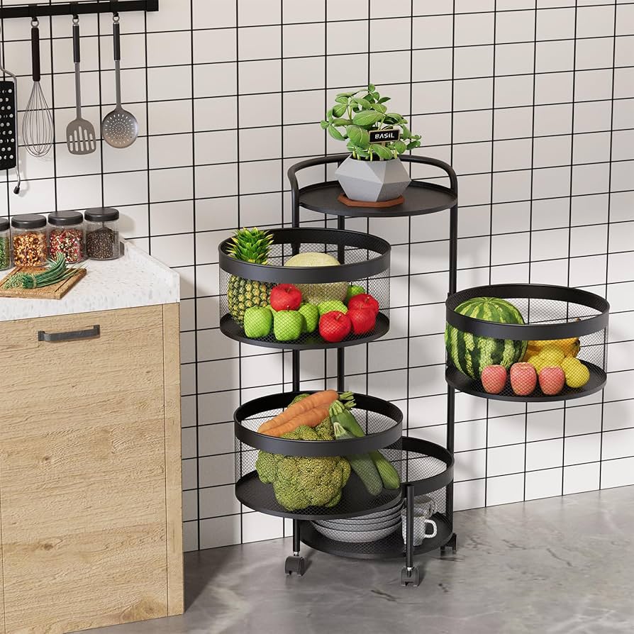 4-Tier Metal Rotating Kitchen Storage Rack – Round Organizer with Wheels & Detachable Baskets – Fruits, Veggies, Groceries – Space-Saving Corner Unit