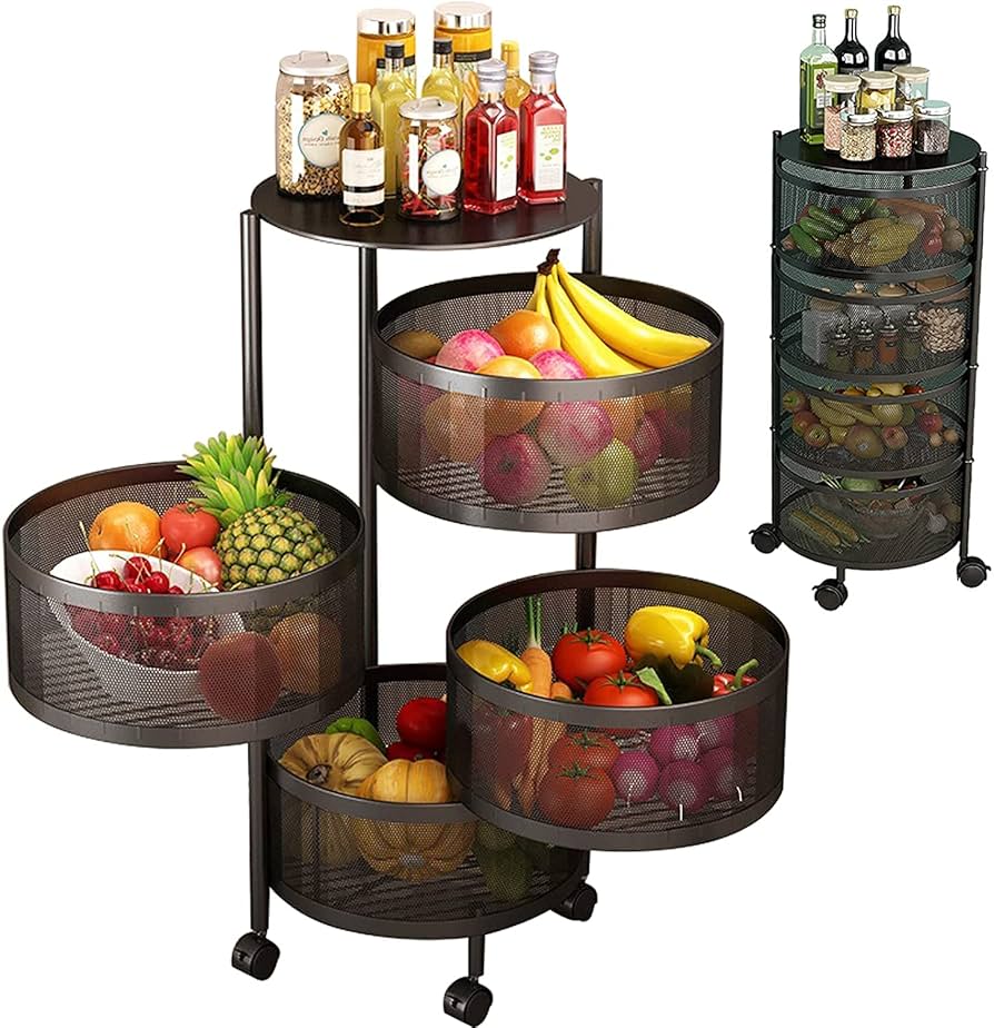 4-Tier Metal Rotating Kitchen Storage Rack – Round Organizer with Wheels & Detachable Baskets – Fruits, Veggies, Groceries – Space-Saving Corner Unit