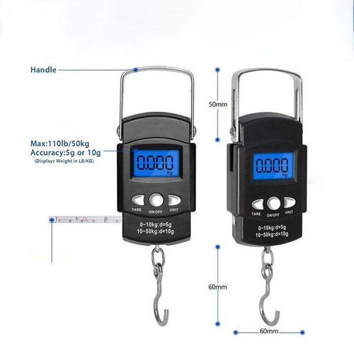 Mini Crane 50 Kg Digital Weigh Scale Digital Fish Scale, Electronic Hanging Fish Weight Scale with Large Handle & Measuring Tape, 50kg Fishing Scale, AAA Batteries