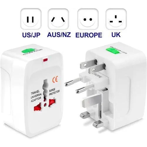 Global Travel Adapter – 4 Plug Types + Safety Lock – White
