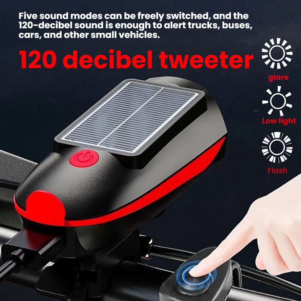 Solar rechargeable bicycle headlights, riding flashlights, waterproof headlights, horn lights, mountain bike night riding lights, USB charging outdoor