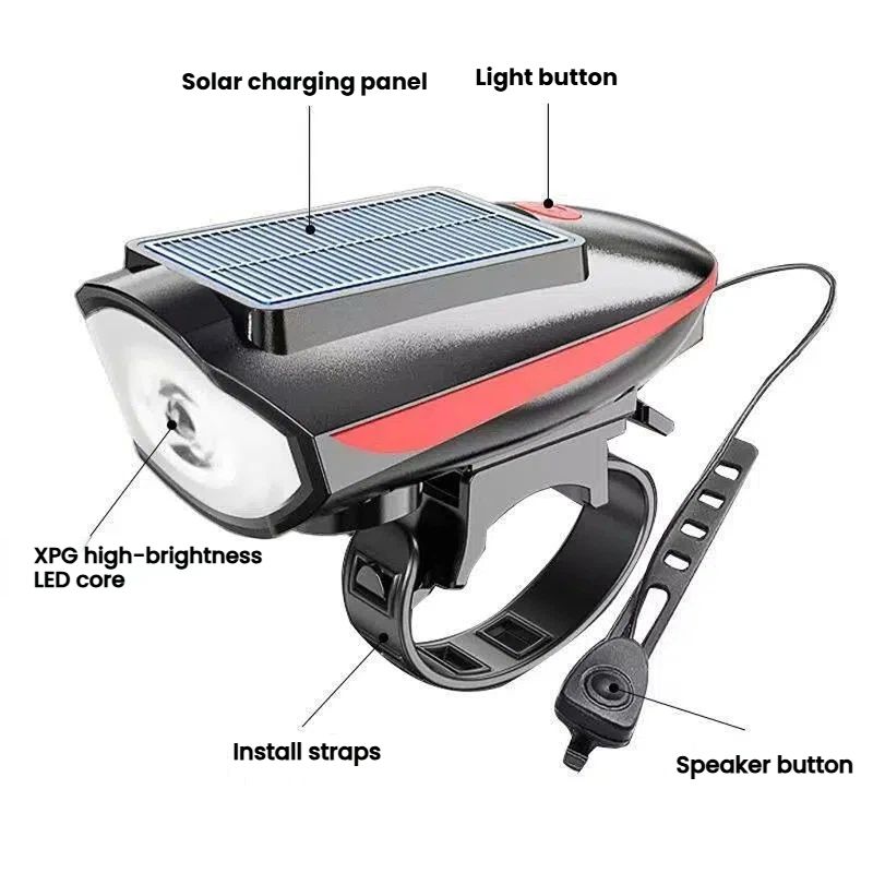 Solar rechargeable bicycle headlights, riding flashlights, waterproof headlights, horn lights, mountain bike night riding lights, USB charging outdoor